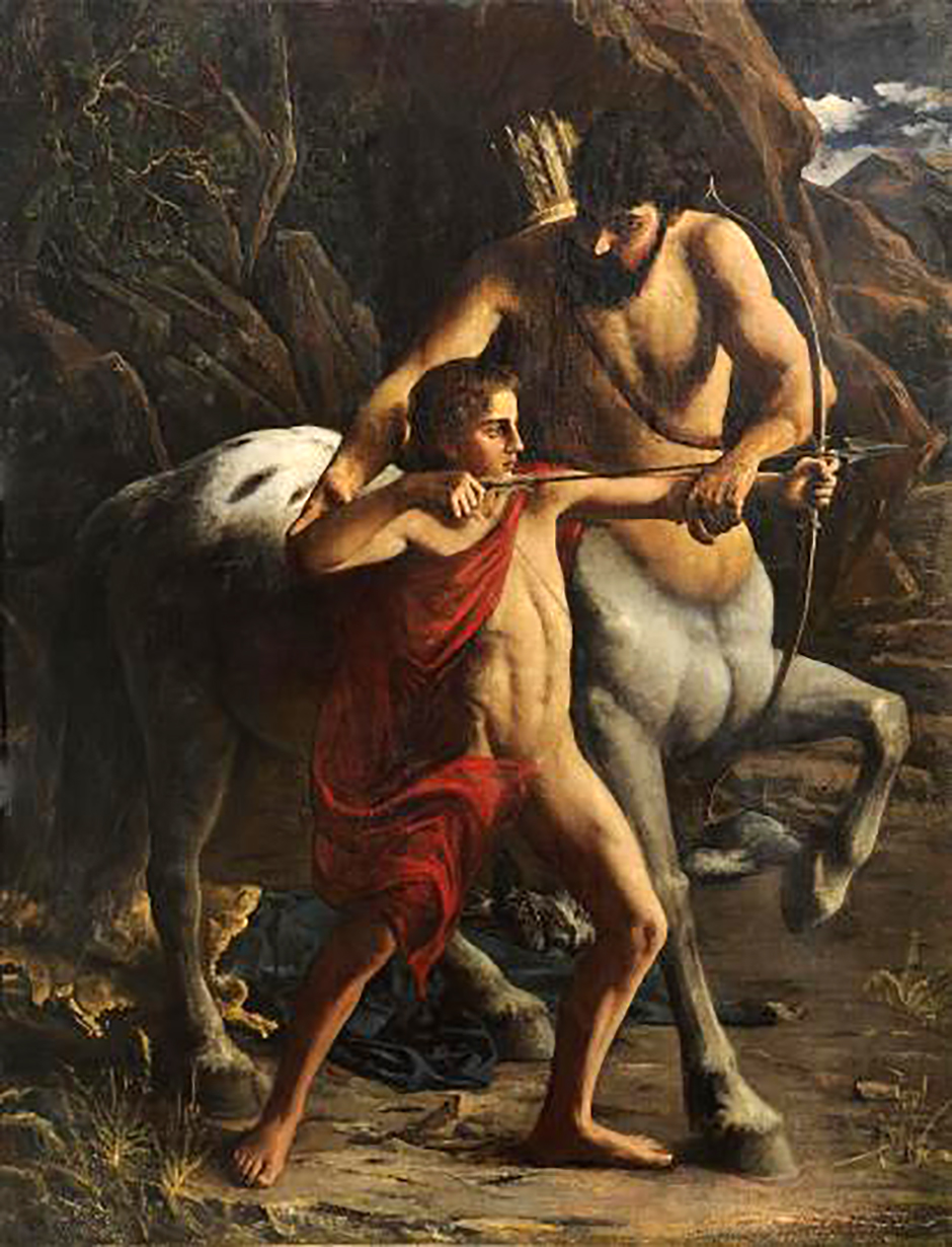 Centauro Quíron e Aquiles numa aula de arco e flecha.
