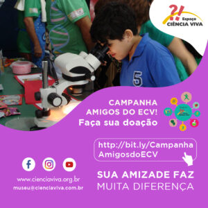 Campanha Doações Amigo ECV, com imagem de menino olhando microscópio ao fundo.