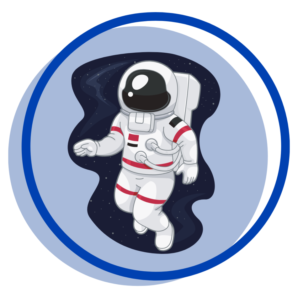 Astronauta em traje espacial no espaço. Ilustração dentro de um disco azul claro e círculo azul escuro.