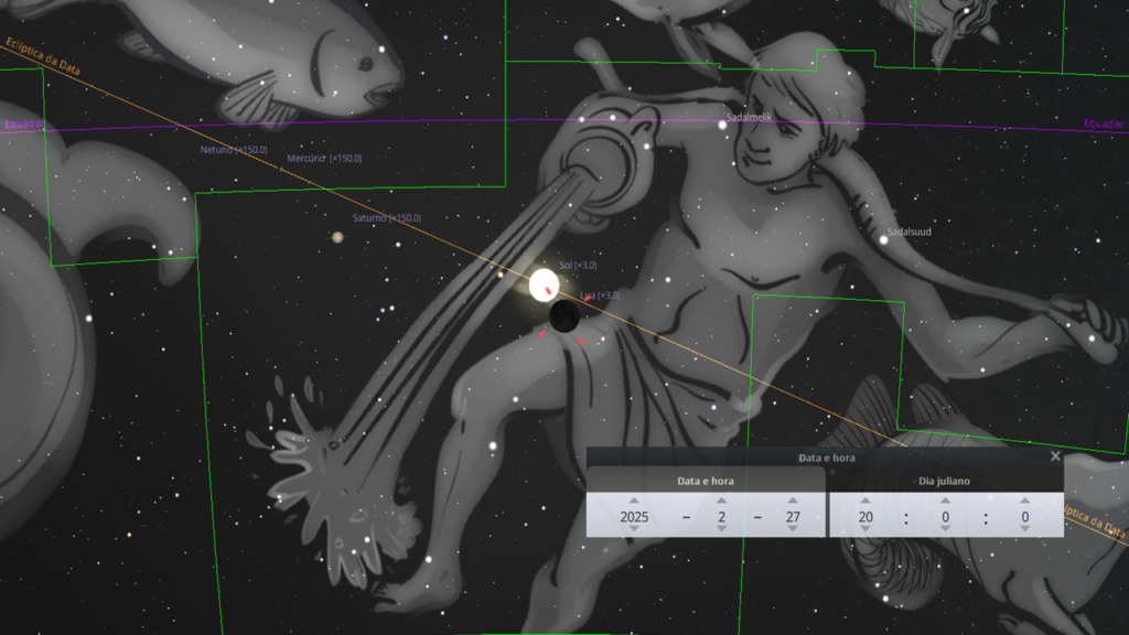 27/02: Por volta das 22h, a Lua se aproxima muito do Sol, em Aquário.