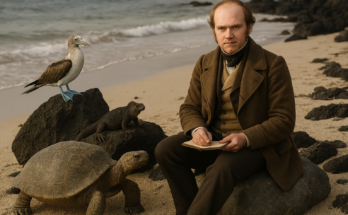 Charles Darwin em uma prais, usando terno e escrevendo em um caderno, sentado sobre uma rocha. A esquerda, um atobá-de-pés-azuis em cima de rocha, iguana marinha e tartaruga terrestre gigante das Ilhas Galápagos.