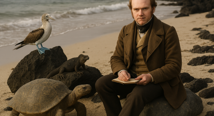 Charles Darwin em uma prais, usando terno e escrevendo em um caderno, sentado sobre uma rocha. A esquerda, um atobá-de-pés-azuis em cima de rocha, iguana marinha e tartaruga terrestre gigante das Ilhas Galápagos.